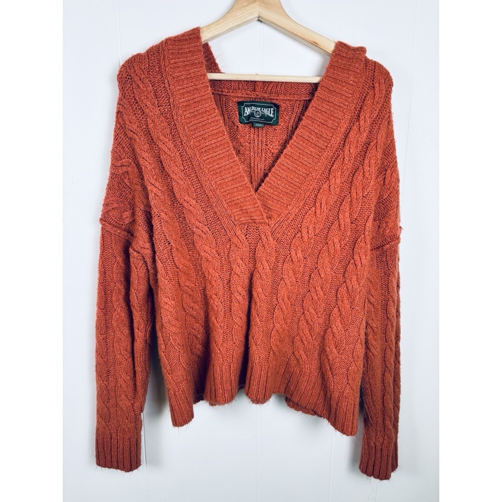 Vintage‎ Y2K American Eagle Small Hooded Cable Knit Crop Sweater Rust Brown